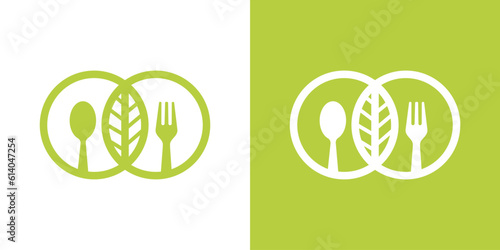 organic food logo design, vector illustration icon combination design fork spoon and leaf