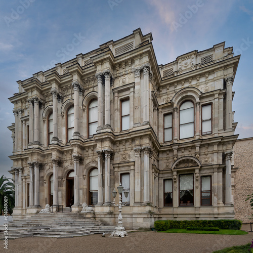 Side shot of 1865 Ottoman era Beylerbeyi Palace, located at the Asian shore Bosphorus strait north of Bosphorus Bridge, Istanbul, Turkey,