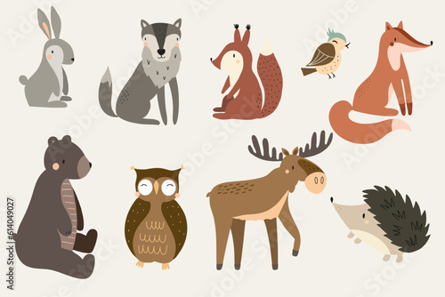 Set of cute forest animals in scandinavian style. Vector illustration for your design