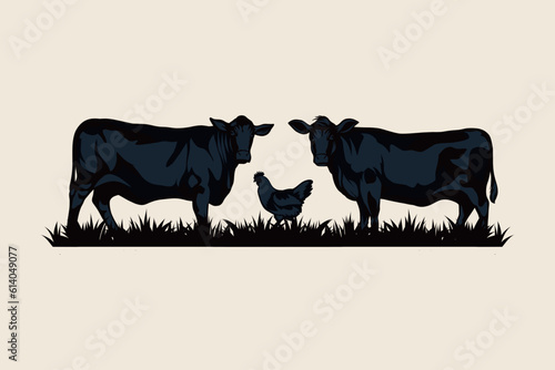 vector illustration of two cows and one chicken in the middle. Black silhouette cow isolated hand drawn.
