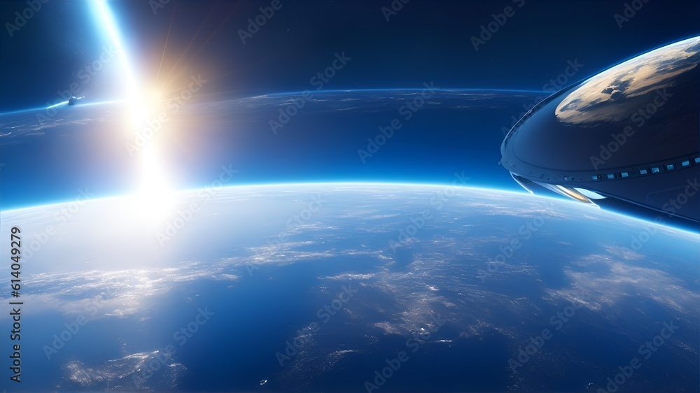 spaceship above the Earth seen from space. Generative AI spaceship above the Earth seen from space. Generative AI