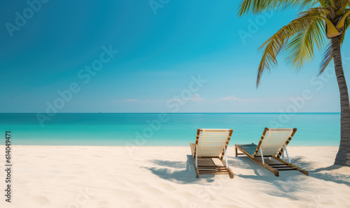 Luxurious summer loungers umbrellas near beach and sea with palm trees and blue sky. © STORYTELLER