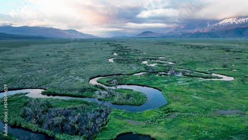 Flying over green Owens River Valley Daybreak photo