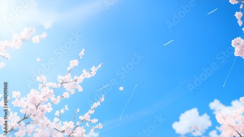white cherry blossoms on blue sky background. Generative AI