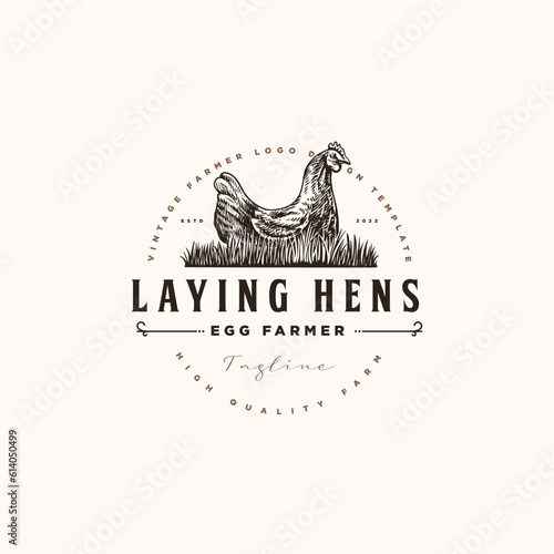 chicken hens rooster farm vintage hand drawn logo design illustration template 