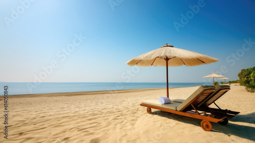 Luxurious summer loungers umbrellas near beach and sea with palm trees and blue sky, 