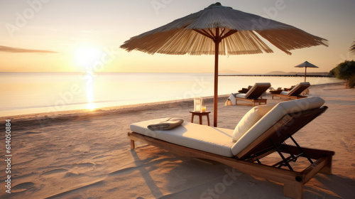Luxurious summer loungers umbrellas near beach and sea with palm trees and blue sky,  © STORYTELLER