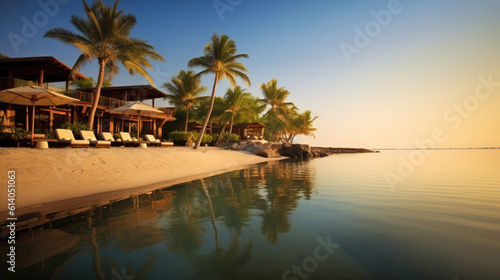 Luxurious summer loungers umbrellas near beach and sea with palm trees and blue sky, 