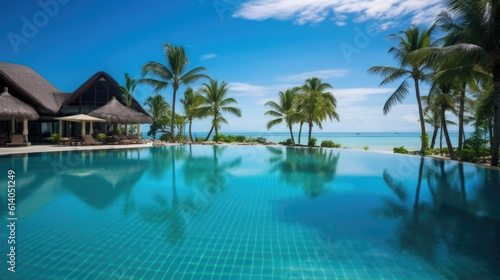 Luxurious summer loungers umbrellas near beach and sea with palm trees and blue sky, 