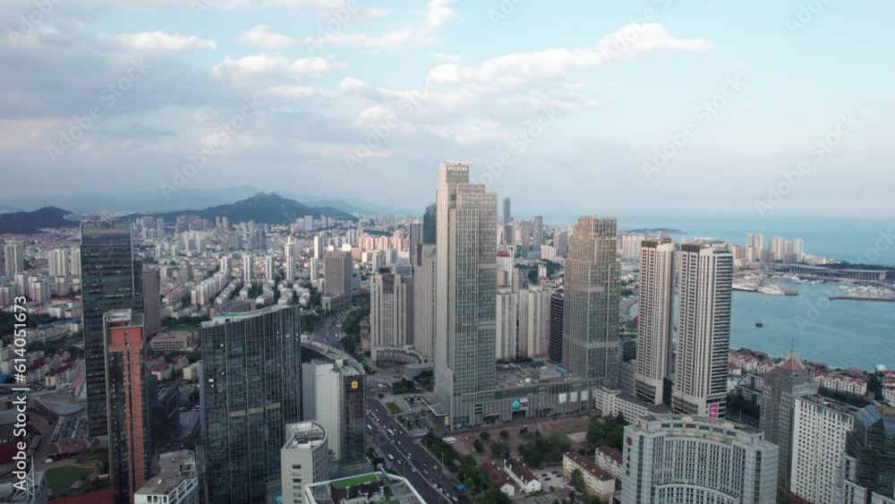 4k aerial photography of Qingdao city buildings skyline