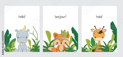 Cute posters with cartoon characters little hippo, fox and giraffe in jungle vector prints for baby room, baby shower, greeting card, kids t-shirts. Flat style nursery kids room wall banners. 