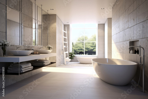 Large modern bathroom interior with floor to ceiling tiling and luxury fittings.