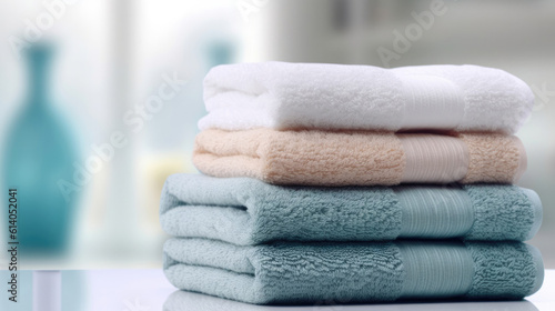 Stacked bath towels on white table indoors. Space for text