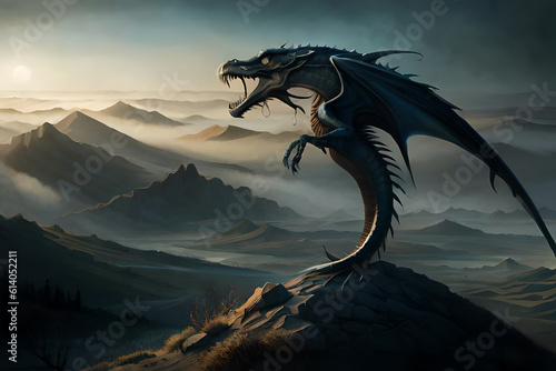 Fantasy evil dragon portrait. Surreal artwork of danger dragon from medieval mythology © Luci