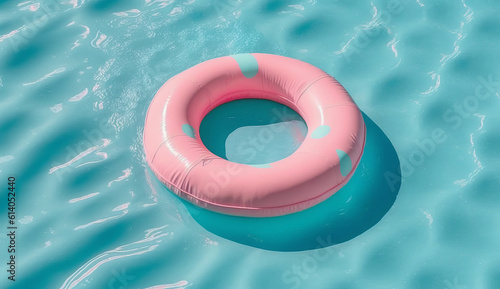 Pink Swimming Pool Ring Float in The Blue Water, Generative AI