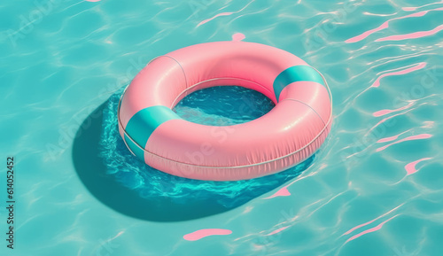 Pink Swimming Pool Ring Float in The Blue Water, Generative AI