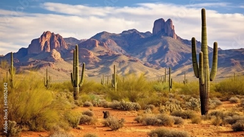 Tall saguaro cactus in the desert surround Four Peaks, a well-known feature of the Mazatzal Mountains on Phoenix, Arizona's eastern skyline. GENERATE AI photo