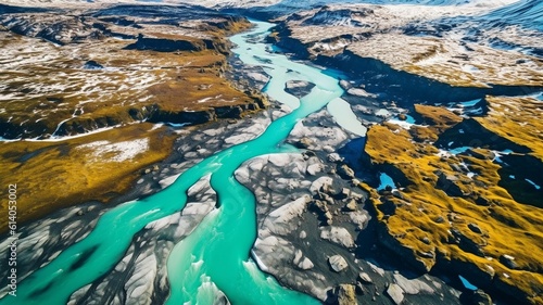Shot from a helicopter, the stunning green glacier river in Iceland. GENERATE AI
