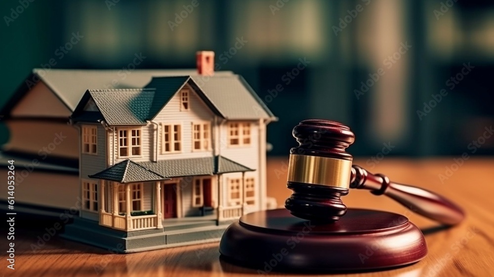 Real estate auction and idea judge. gavel, law texts, and a model of a house. GENERATE AI Real estate auction and idea judge. gavel, law texts, and a model of a house. GENERATE AI