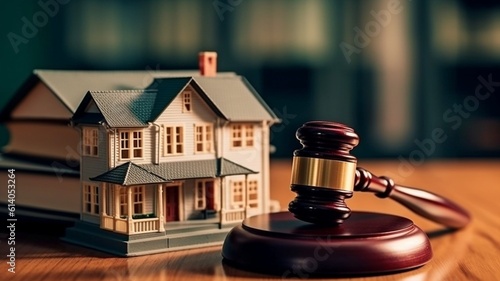 Real estate auction and idea judge. gavel, law texts, and a model of a house. GENERATE AI