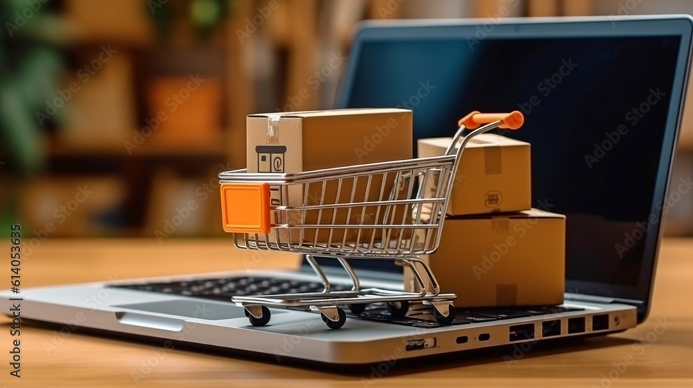 purchasing online. Cardboard box with a shopping cart logo in a cart on a laptop keyboard that enables home delivery and credit card payment. GENERATE AI purchasing online. Cardboard box with a shopping cart logo in a cart on a laptop keyboard that enables home delivery and credit card payment. GENERATE AI