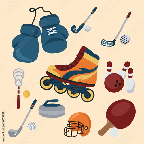 Set of Sports Game Objects and Equipment Cute Hand Drawn Illustration