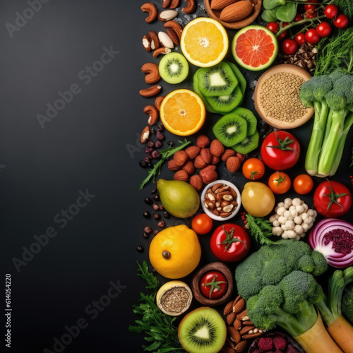Fresh vegetables on black background. Variety of raw vegetables. Colorful various herbs and spices for cooking on dark background
