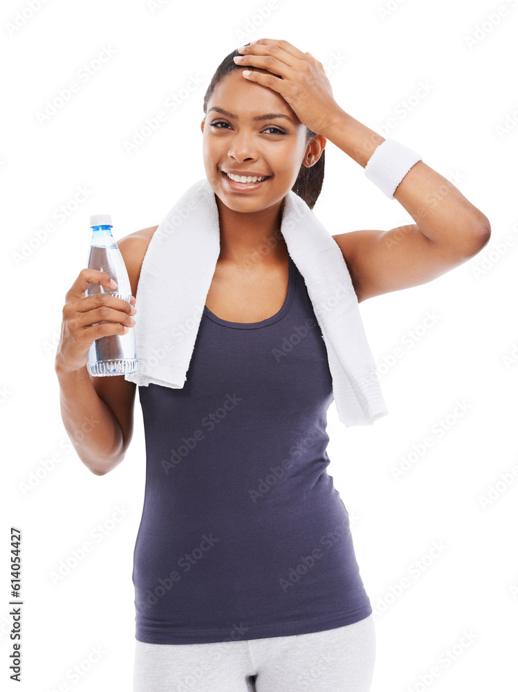 Happy woman, tired and portrait with water in fitness for hydration isolated on a transparent PNG background. Fit, active or exhausted female person smiling with sweat towel and liquid bottle in rest Happy woman, tired and portrait with water in fitness for hydration isolated on a transparent PNG background. Fit, active or exhausted female person smiling with sweat towel and liquid bottle in rest