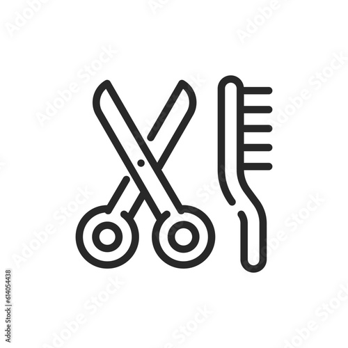 Pet Grooming Spa Services Icon. Vector Outline Editable Sign of Scissors and Comb, Symbolizing Professional Care, Pet Beauty Salon and Hygiene for Pets.