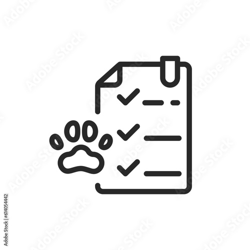 Pet Health Check List Icon. Vector Outline Editable Sign of Veterinary Care Checklist with Paw Print, Animal Health Monitoring  and Control Concept