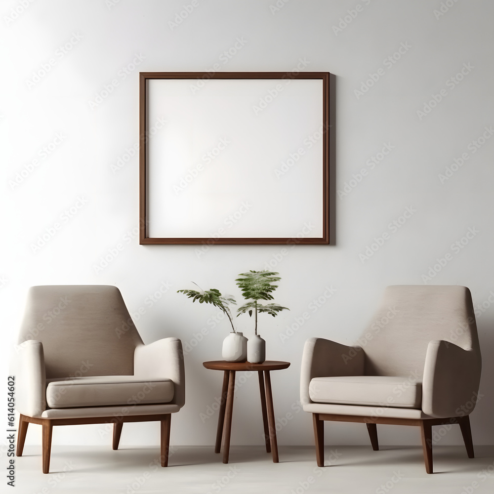 Empty horizontal frame mockup in modern minimalist interior with plant in trendy vase on white wall background. Template for artwork, painting, photo or poster Empty horizontal frame mockup in modern minimalist interior with plant in trendy vase on white wall background. Template for artwork, painting, photo or poster