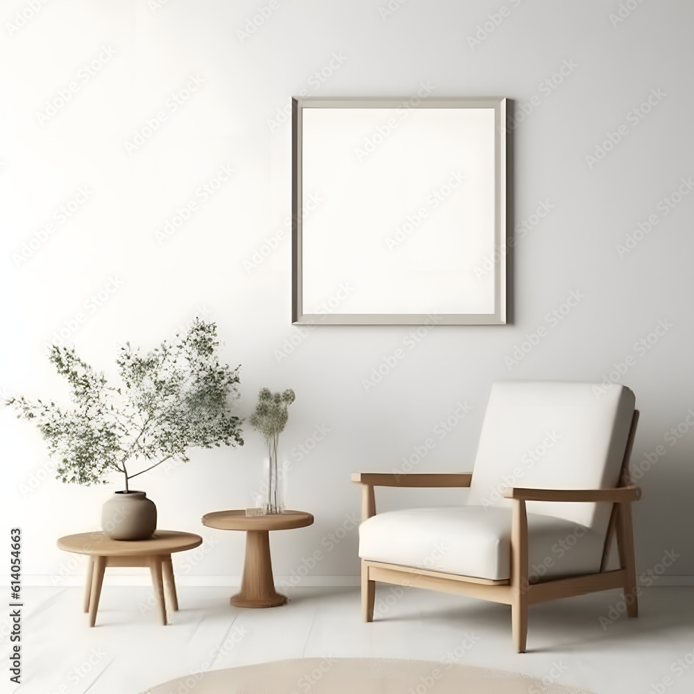 Empty horizontal frame mockup in modern minimalist interior with plant in trendy vase on white wall background. Template for artwork, painting, photo or poster Empty horizontal frame mockup in modern minimalist interior with plant in trendy vase on white wall background. Template for artwork, painting, photo or poster