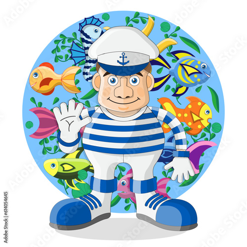 Sailor on the background of the underwater world. Isolated on white background. Vector illustration.
