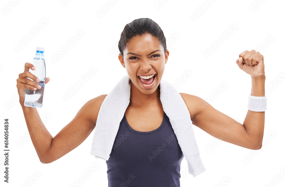 Portrait, fitness and a winner sports woman isolated on a transparent background for victory in an exercise workout. Training workout and success with an attractive young female athlete on PNG Portrait, fitness and a winner sports woman isolated on a transparent background for victory in an exercise workout. Training workout and success with an attractive young female athlete on PNG