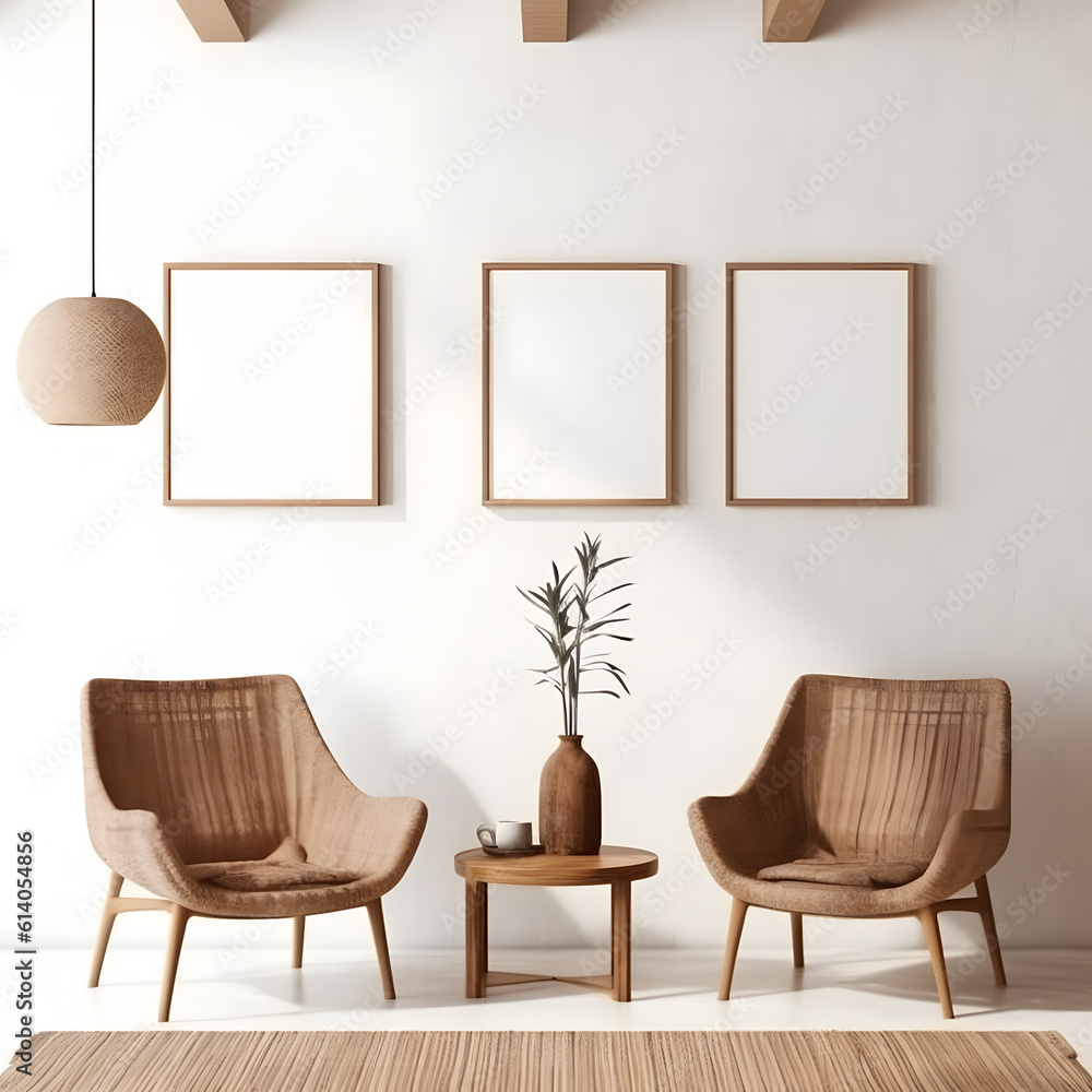 Blank picture frame mockup on white wall. Modern living room design. View of modern scandinavian style interior with sofa. Three vertical templates for artwork, painting, photo or poster Blank picture frame mockup on white wall. Modern living room design. View of modern scandinavian style interior with sofa. Three vertical templates for artwork, painting, photo or poster
