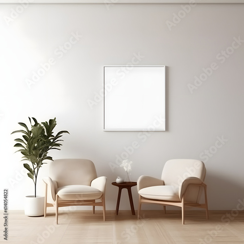 Empty horizontal frame mockup in modern minimalist interior with plant in trendy vase on white wall background. Template for artwork, painting, photo or poster © Wonder AI Studios