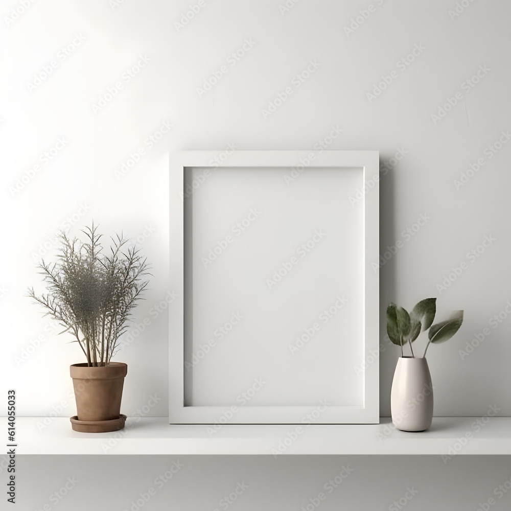 White vertical frame mockup in modern minimalist interior with plant in trendy vase on white wall background, Template for artwork, painting, photo or poster White vertical frame mockup in modern minimalist interior with plant in trendy vase on white wall background, Template for artwork, painting, photo or poster
