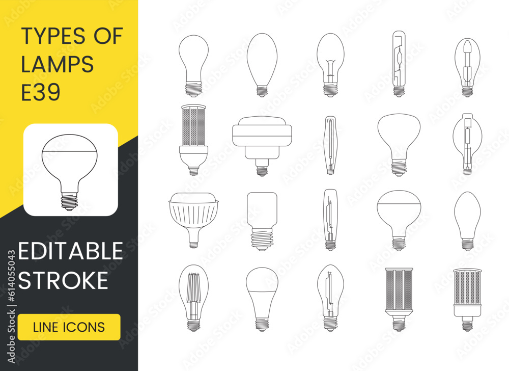 Vector line icon set depicting lamps with E39 base, editable stroke Vector line icon set depicting lamps with E39 base, editable stroke