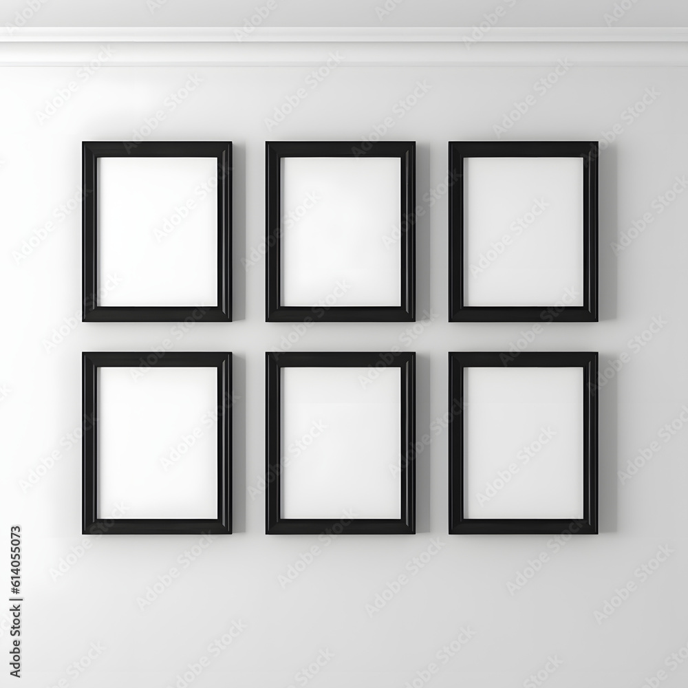 Picture frame on a wall black frame. Blank Mockup. six vertical frames, modern minimalistic style., template for artwork, painting, photo or poster Picture frame on a wall black frame. Blank Mockup. six vertical frames, modern minimalistic style., template for artwork, painting, photo or poster