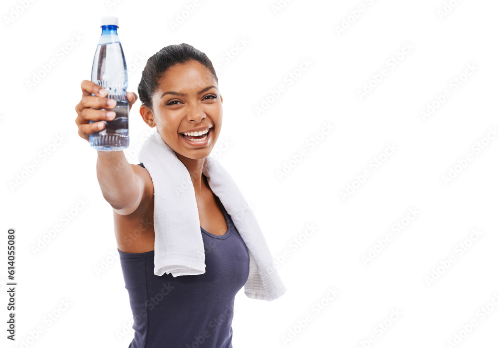 Portrait, fitness and water with a sports woman holding a bottle isolated on a transparent background for hydration. Exercise, health and smile with a happy young female athlete on PNG for a drink
