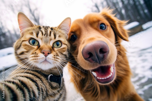 Fototapeta Naklejka Na Ścianę i Meble -  Cat and dog best friends taking a selfie shot. Generative AI