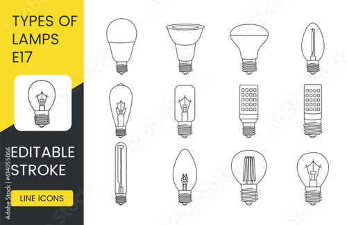 Vector line icon set depicting lamps with E17 base, editable stroke