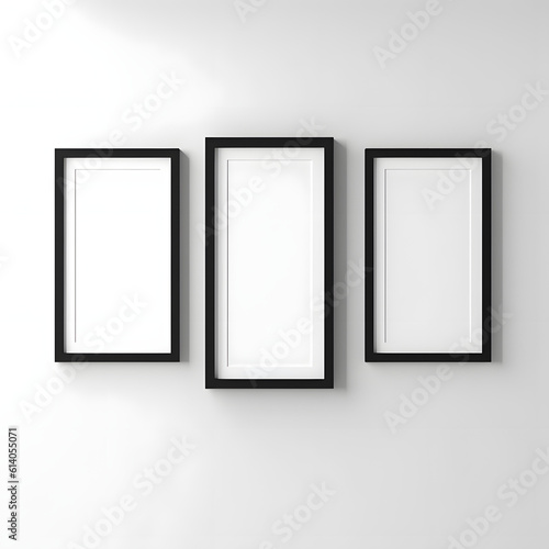 Picture frame on a wall black frame. Blank Mockup. Three vertical frames, modern minimalistic style., template for artwork, painting, photo or poster  © Wonder AI Studios