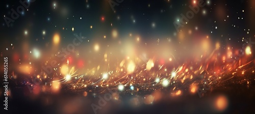 Shiny christmas glitter on dark bokeh background. Generative AI technology.