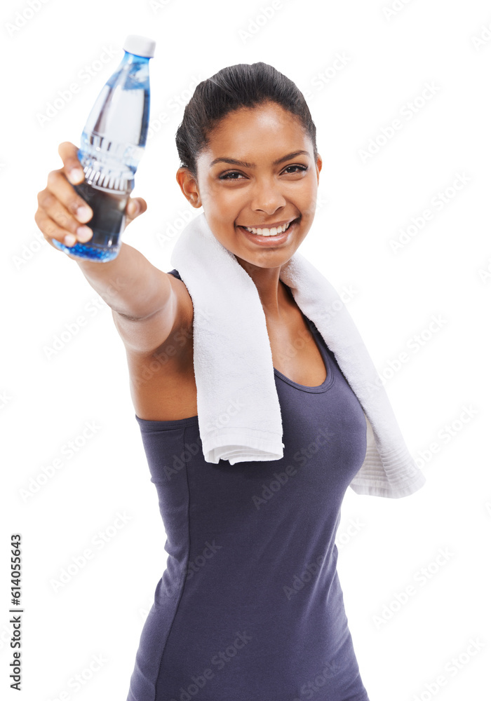 Portrait, health and water with a sports woman holding a bottle isolated on a transparent background for hydration. Exercise, fitness and smile with a happy young female athlete on PNG for a drink