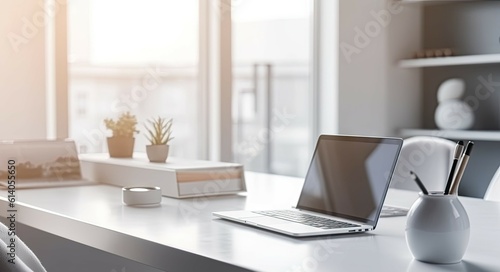 Modern Office Workspace. Laptop on a Business Desk in a Stylish Room