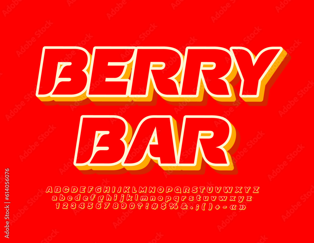 Vector creative Sign Berry Bar. Red 3D Font. Bright stylish Alphabet Letters and Numbers set Vector creative Sign Berry Bar. Red 3D Font. Bright stylish Alphabet Letters and Numbers set