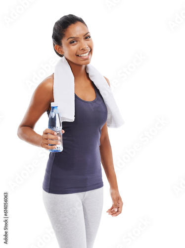 Portrait, fitness and water with an athlete woman isolated on a transparent background for hydration during a workout. Exercise, towel and bottle with a happy young sports person on PNG for training