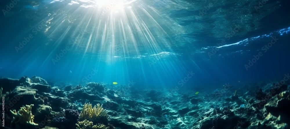 Lights through underwater sea. Generative AI technology.