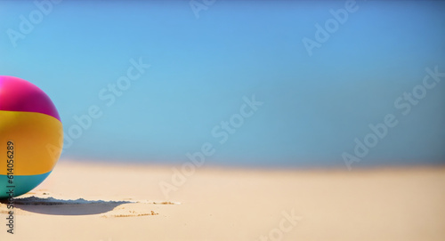  A beach ball rolling on the sandy beach in summer.